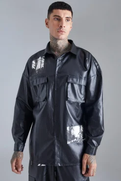 Pu Photo Badge Overshirt | BoohooMAN UK
