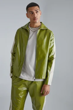 Pu Popper Sleeve Funnel Neck Jacket | BoohooMAN UK