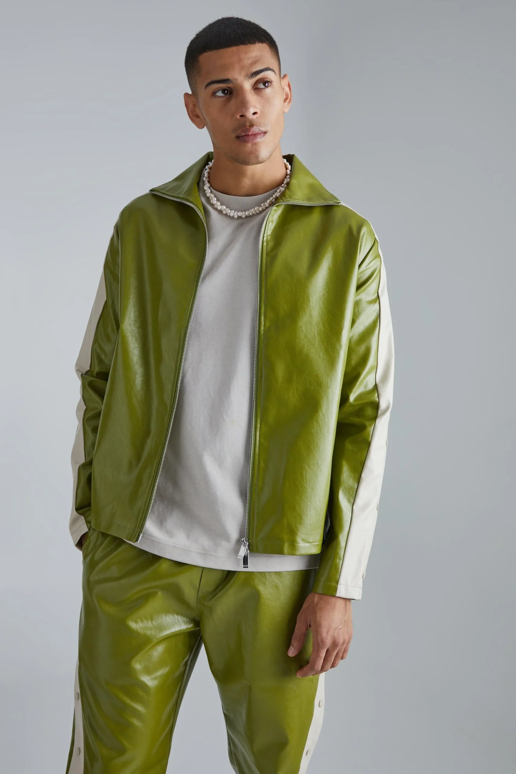 Pu Popper Sleeve Funnel Neck Jacket | BoohooMAN UK