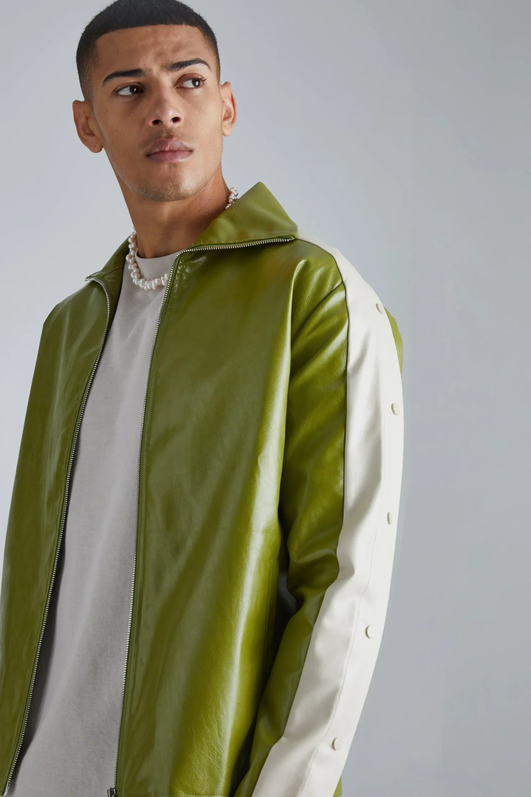 Pu Popper Sleeve Funnel Neck Jacket | BoohooMAN UK