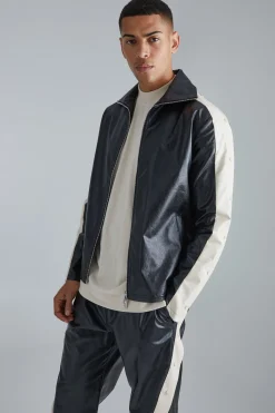 Pu Popper Sleeve Funnel Neck Jacket | BoohooMAN UK