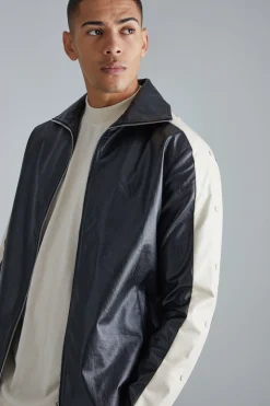 Pu Popper Sleeve Funnel Neck Jacket | BoohooMAN UK