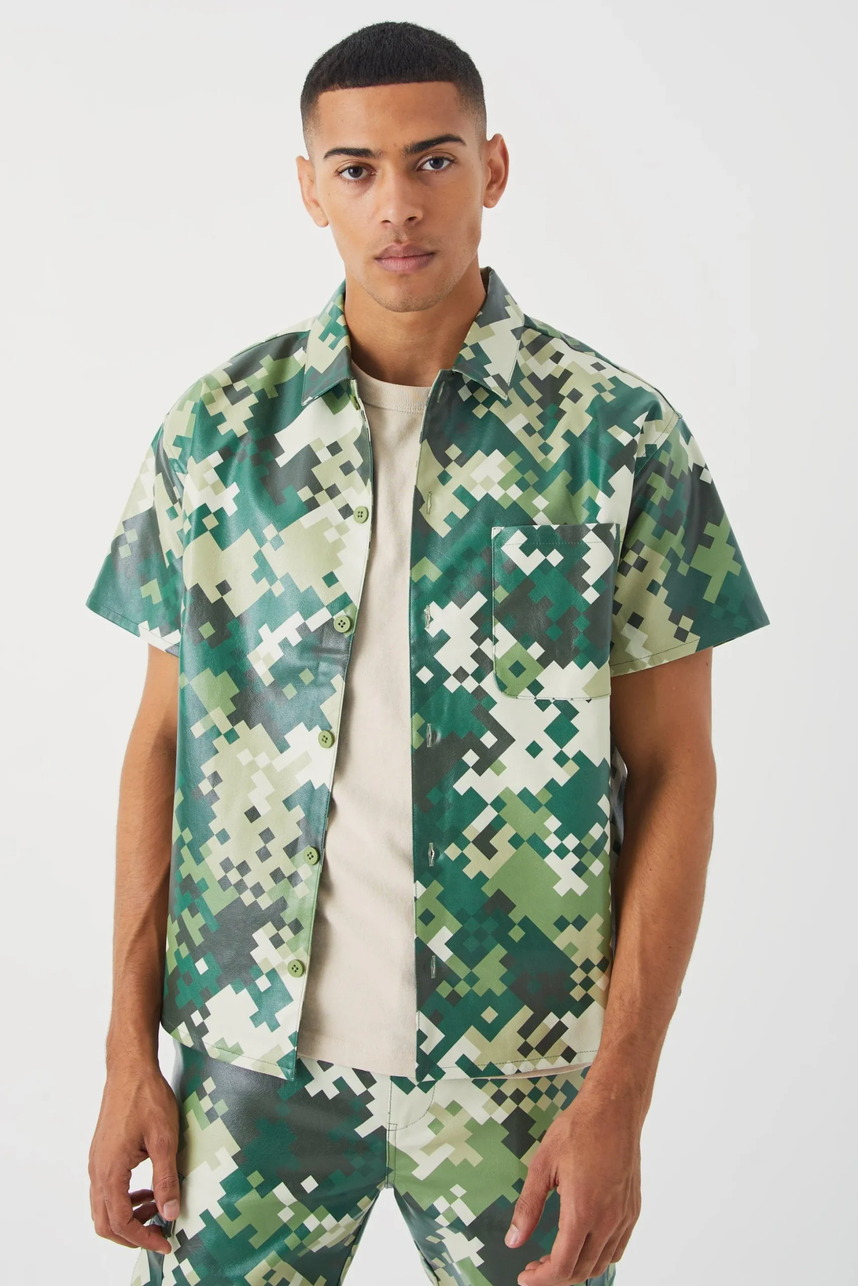 Pu Short Sleeve Boxy Camouflage Shirt | BoohooMAN UK