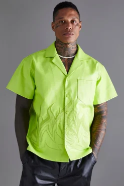 PU Short Sleeve Revere Boxy Applique Flame Shirt | BoohooMAN UK