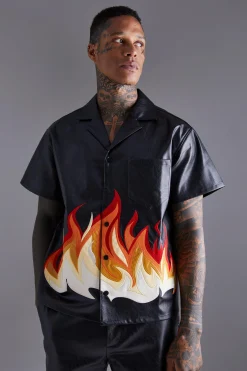 PU Short Sleeve Revere Boxy Flame Print Shirt | BoohooMAN UK