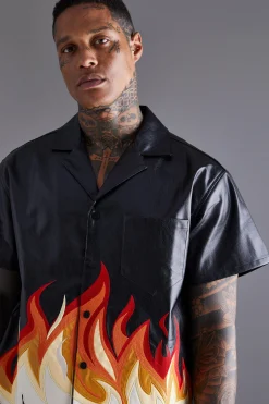 PU Short Sleeve Revere Boxy Flame Print Shirt | BoohooMAN UK