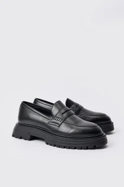 PU Slip On Chunky Loafer In Black | BoohooMAN UK