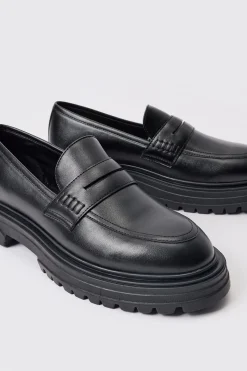 PU Slip On Chunky Loafer In Black | BoohooMAN UK