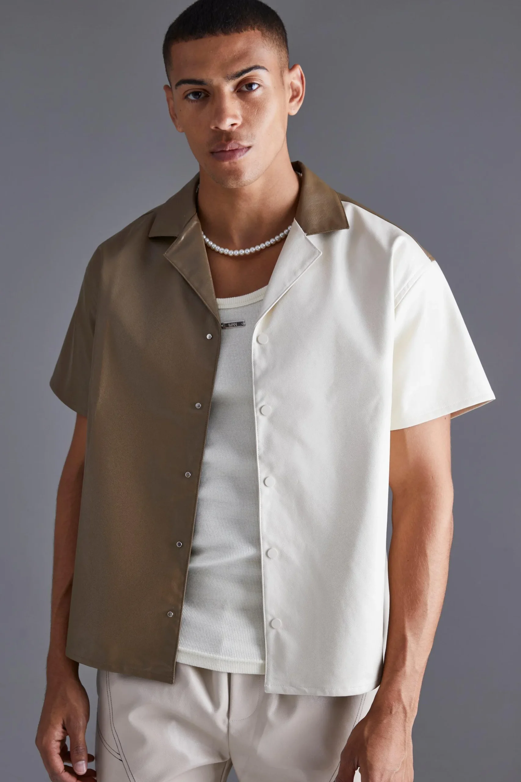 Pu Spliced Boxy Shirt | BoohooMAN UK