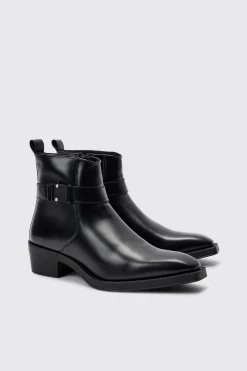 PU Square Toe Buckle Detail Boot In Black | BoohooMAN UK