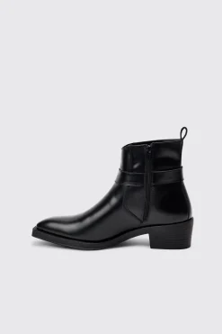 PU Square Toe Buckle Detail Boot In Black | BoohooMAN UK