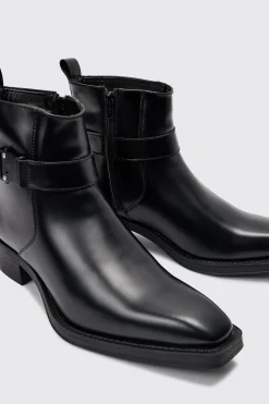 PU Square Toe Buckle Detail Boot In Black | BoohooMAN UK