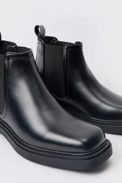 PU Square Toe Chelsea Boot In Black | BoohooMAN UK