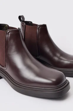 PU Square Toe Chelsea Boot In Brown | BoohooMAN UK