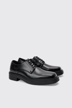 PU Square Toe Lace Up Loafer In Black | BoohooMAN UK
