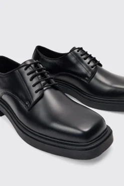 PU Square Toe Lace Up Loafer In Black | BoohooMAN UK