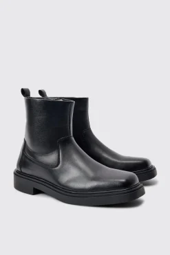 PU Square Toe Zip Up Boot In Black | BoohooMAN UK