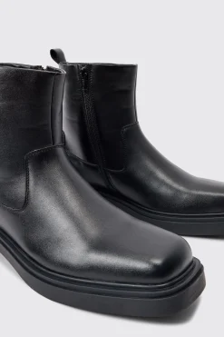PU Square Toe Zip Up Boot In Black | BoohooMAN UK