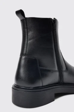 PU Square Toe Zip Up Boot In Black | BoohooMAN UK