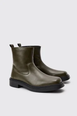 PU Square Toe Zip Up Boot In Green | BoohooMAN UK