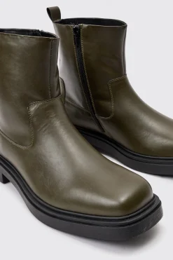 PU Square Toe Zip Up Boot In Green | BoohooMAN UK