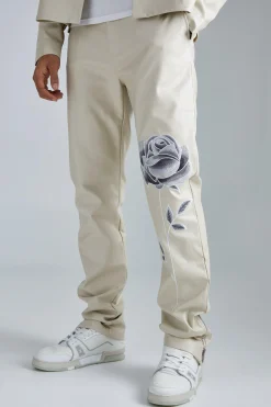 Pu Stacked Straight Leg Zip Gusset Embroidered Trouser | BoohooMAN UK