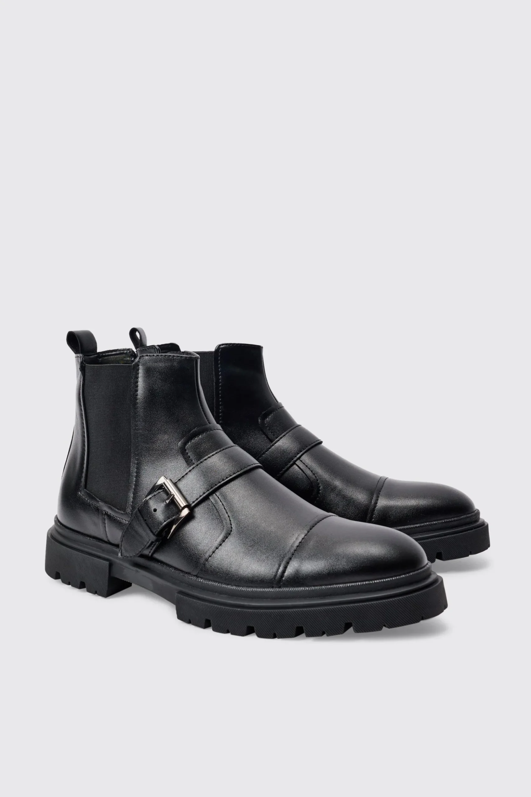 PU Strap Detail Chunky Boot In Black | BoohooMAN UK