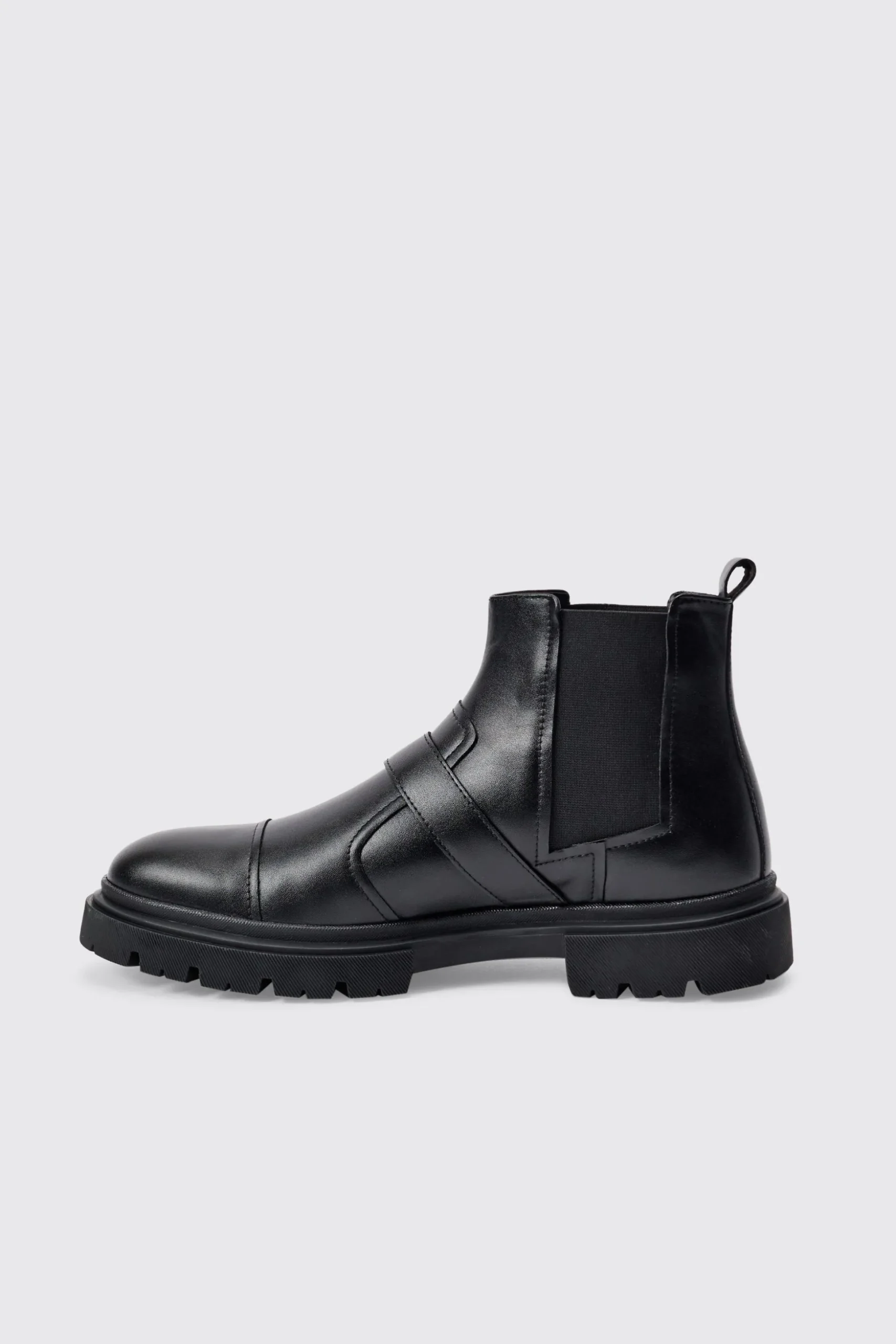 PU Strap Detail Chunky Boot In Black | BoohooMAN UK