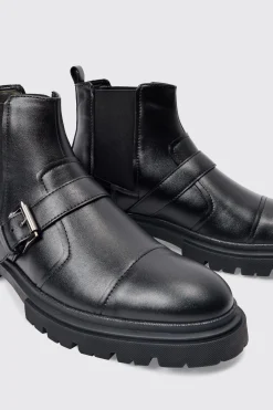PU Strap Detail Chunky Boot In Black | BoohooMAN UK
