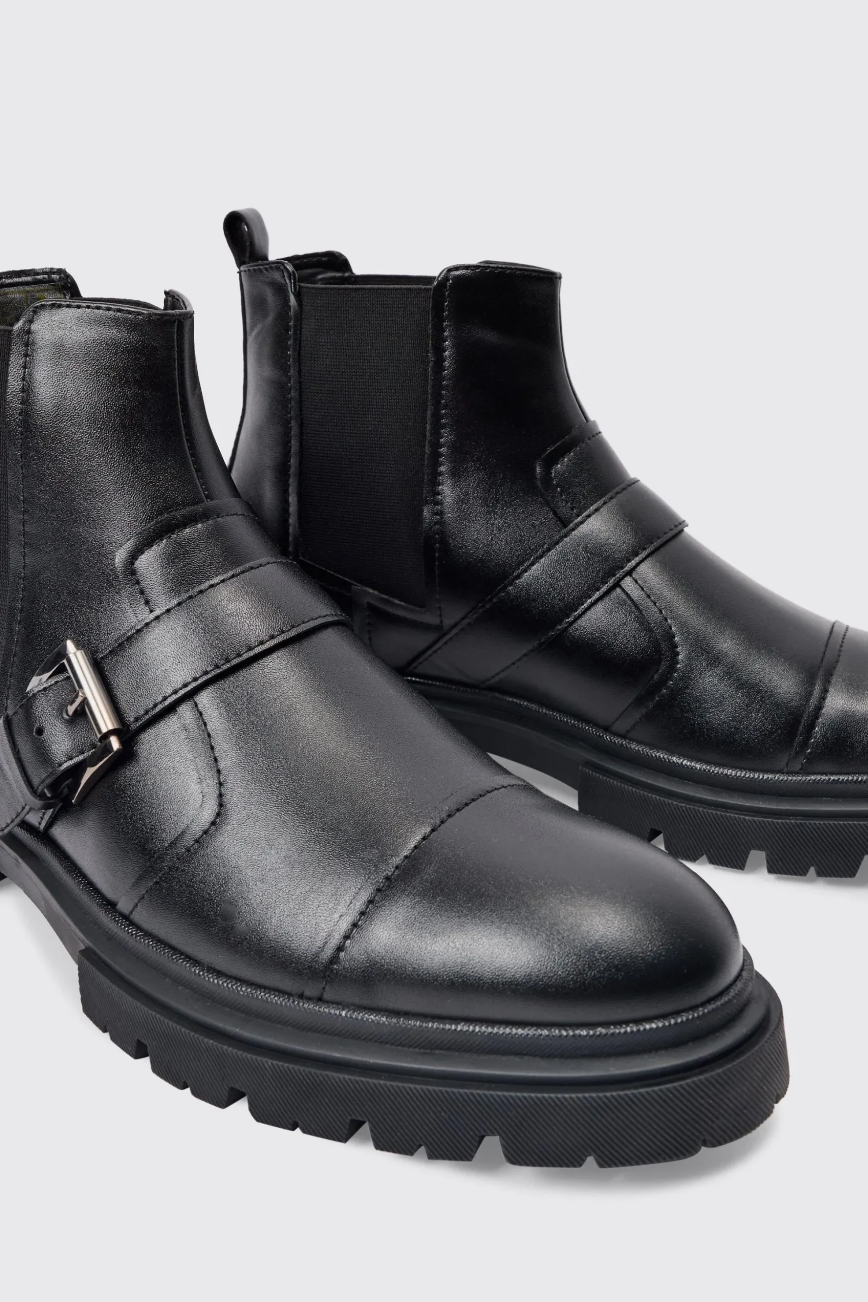 PU Strap Detail Chunky Boot In Black | BoohooMAN UK