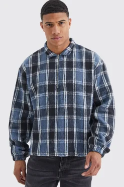 Quarter Zip Boxy Fleece Checked Overshirt | BoohooMAN UK