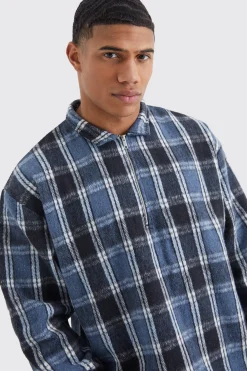 Quarter Zip Boxy Fleece Checked Overshirt | BoohooMAN UK
