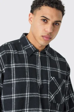 Quarter Zip Brushed Boxy Check Shirt | BoohooMAN UK