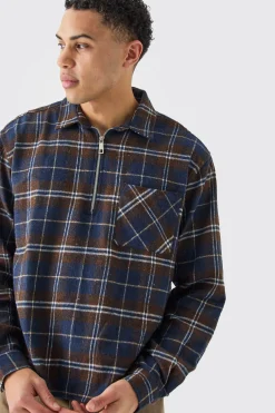 Quarter Zip Brushed Check Shirt | BoohooMAN UK