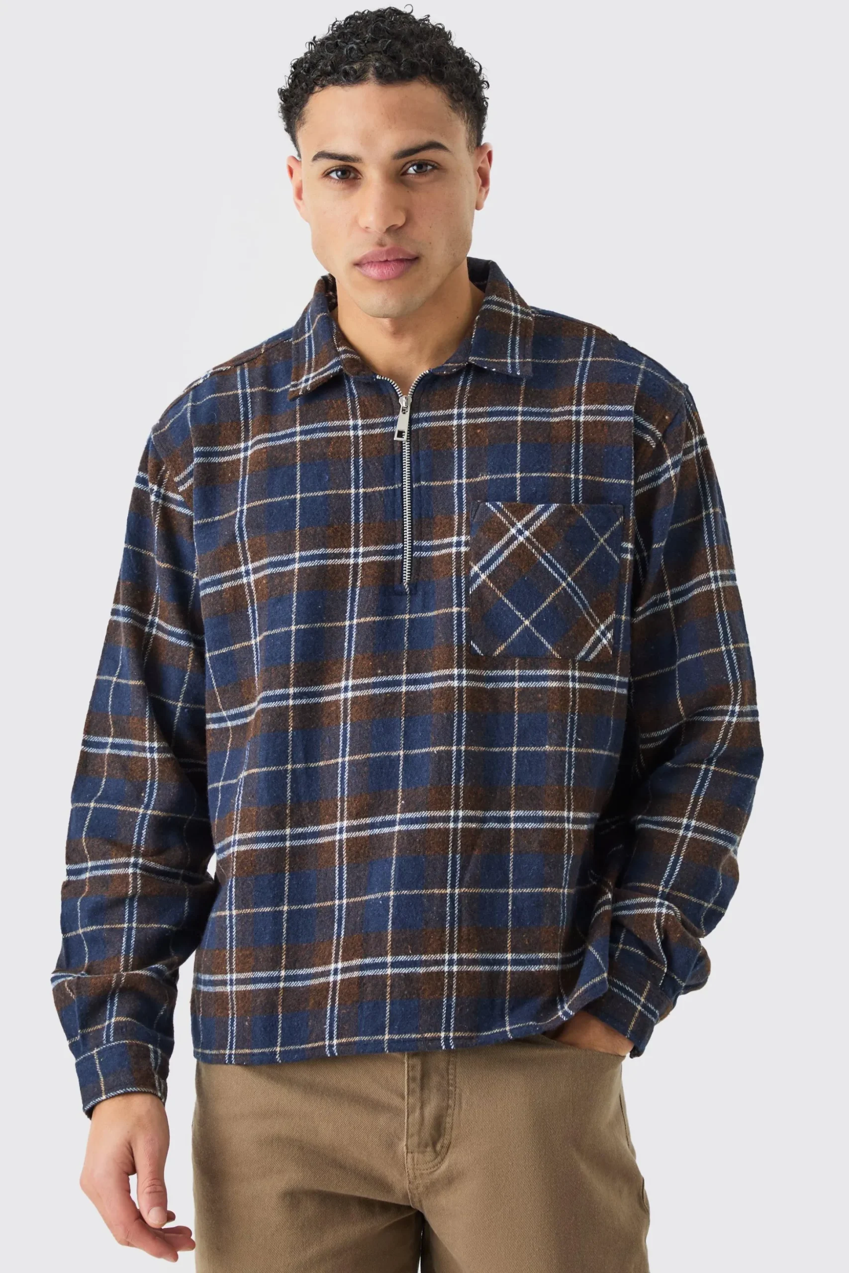 Quarter Zip Brushed Check Shirt | BoohooMAN UK