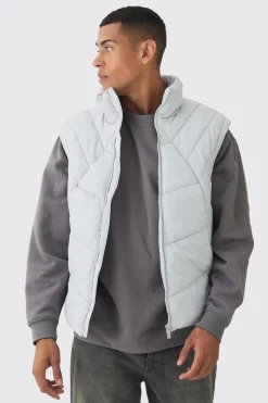 Quilted Funnel Neck Gilet In Light Grey | BoohooMAN UK