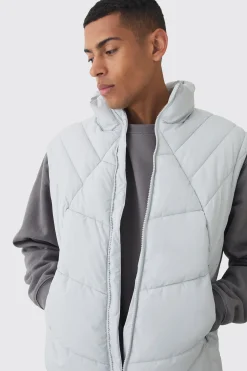 Quilted Funnel Neck Gilet In Light Grey | BoohooMAN UK
