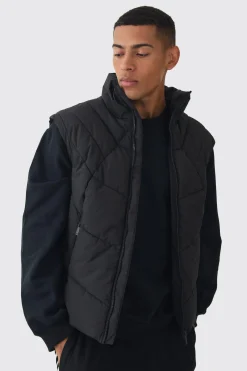 Quilted Funnel Neck Gilet In Black | BoohooMAN UK