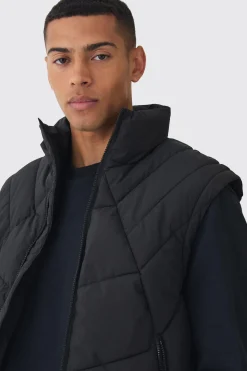 Quilted Funnel Neck Gilet In Black | BoohooMAN UK