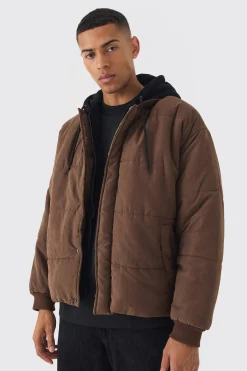 Quilted Hooded Faux Layer Bomber Jacket In Chocolate | BoohooMAN UK