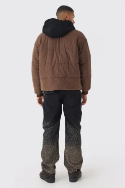 Quilted Hooded Faux Layer Bomber Jacket In Chocolate | BoohooMAN UK