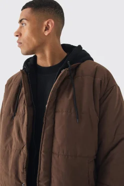 Quilted Hooded Faux Layer Bomber Jacket In Chocolate | BoohooMAN UK