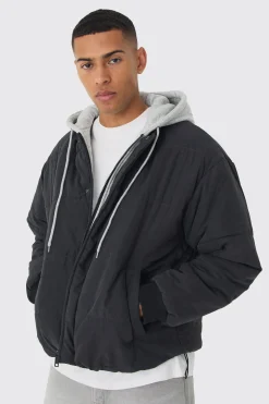 Quilted Hooded Faux Layer Bomber Jacket In Black | BoohooMAN UK