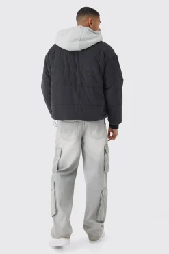 Quilted Hooded Faux Layer Bomber Jacket In Black | BoohooMAN UK