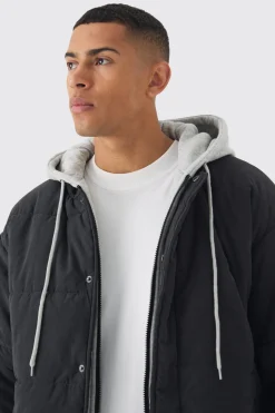 Quilted Hooded Faux Layer Bomber Jacket In Black | BoohooMAN UK