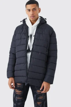 Quilted Longline Puffer With Hood | BoohooMAN UK