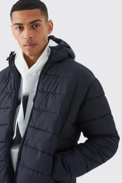 Quilted Longline Puffer With Hood | BoohooMAN UK