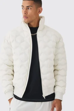 Quilted Padded Bomber Jacket In Ecru | BoohooMAN UK