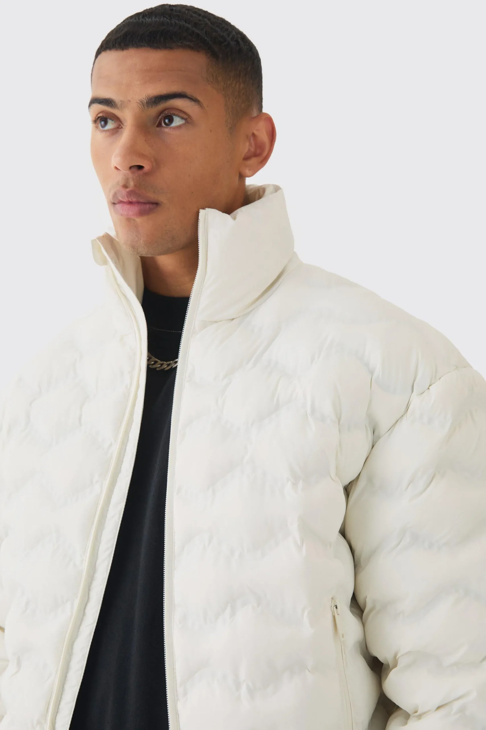 Quilted Padded Bomber Jacket In Ecru | BoohooMAN UK