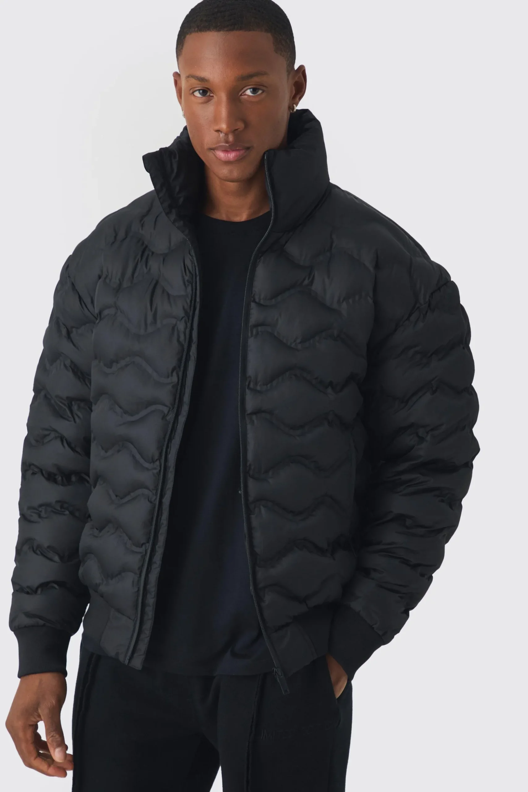 Quilted Padded Bomber Jacket In Black | BoohooMAN UK